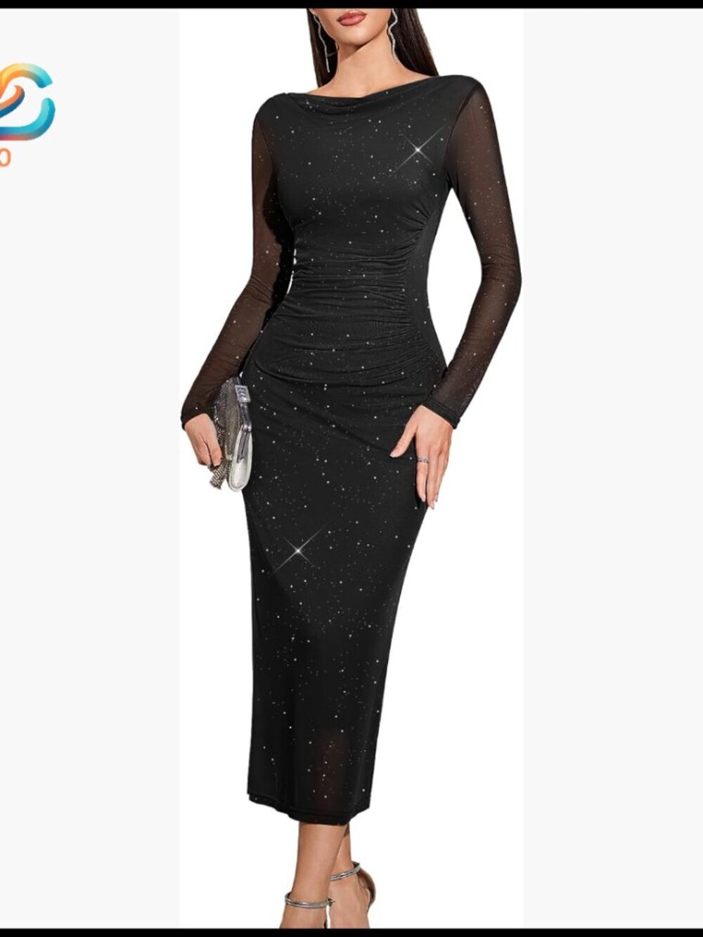 Sparkly Mesh Maxi Bodycon Dress Long Sleeve Wedding Guest Formal